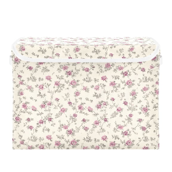 Pastel Purple Flowers Leaves Spring Foldable Storage Bins with Lids Handles Collapsible Storage Containers Tote Boxes 16.5 x 12.6 x 11.8 inches