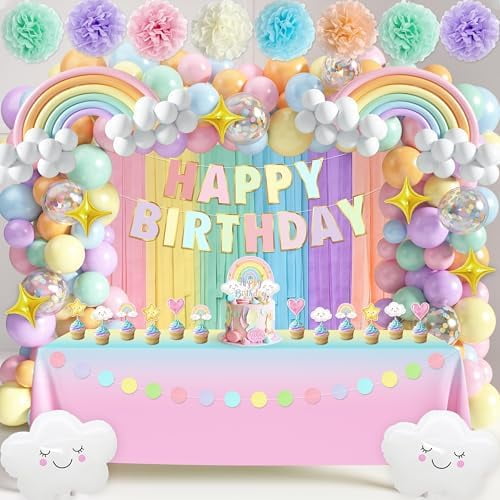 Pastel Rainbow Birthday Decorations 182Pcs: Rainbow Party Supplies, Pastel Balloon Arch Kit, Rainbow Foil Balloons, Streamer Backdrop, Cake Toppers  Home Decor