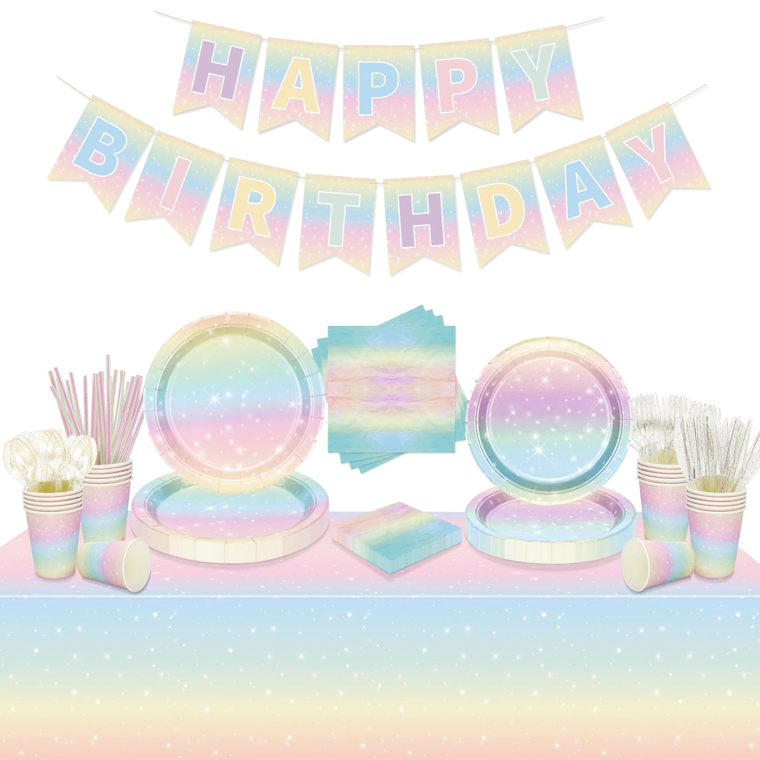 Pastel Rainbow Birthday Party Supplies, Includes Happy Birthday Banner, Tablecloth, Plates, Napkins, Cups, Knives, Forks, Spoons, Straws, Balloons for Girls Birthday Party Decorations, Serves 20