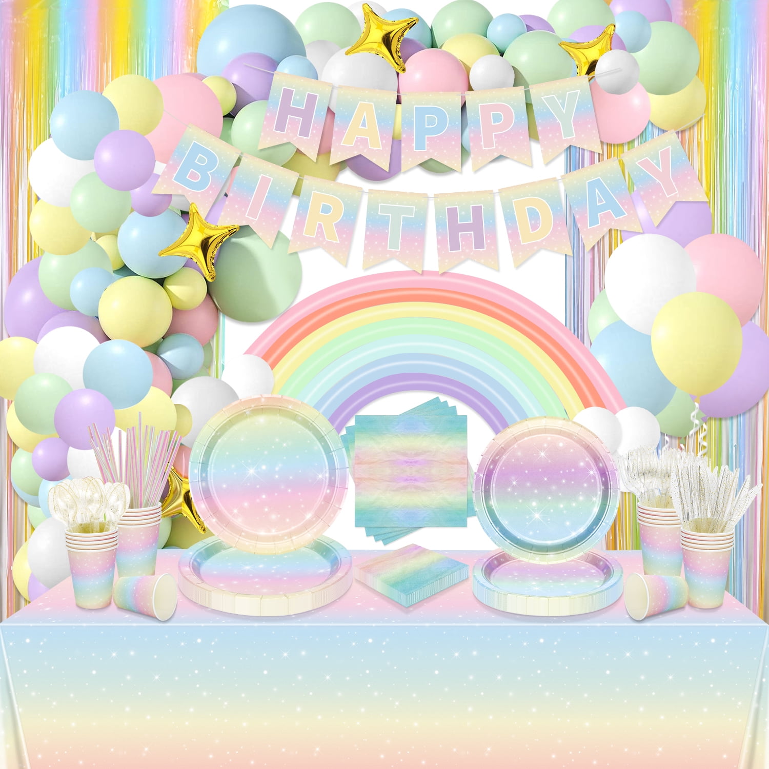 Pastel Rainbow Birthday Party Supplies, Includes Happy Birthday Banner, Tablecloth, Plates, Napkins, Cups, Knives, Forks, Spoons, Straws, Balloons for Girls Birthday Party Decorations, Serves 20