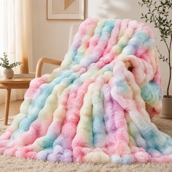 Pastel Rainbow Blanket Faux Fur Fluffy Bubble Throw for Couch Sofa Bed | Ultra Fluffy, Anti-Shed Plush Fuzzy Bed, Throw Lightweight Breathable, Washable(Stylec,100x160cm/39.37x62.99in)