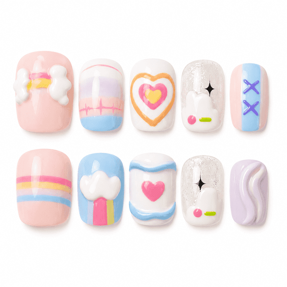 Pastel Rainbow Cloud Press on Nails Short Square Fake Nails with Shimmer Designs Pastel Multicolor Full Cover Adhesive Press Ons Nail Art Tips Shiny Acrylic False Nails Holiday Gift 10 Count
