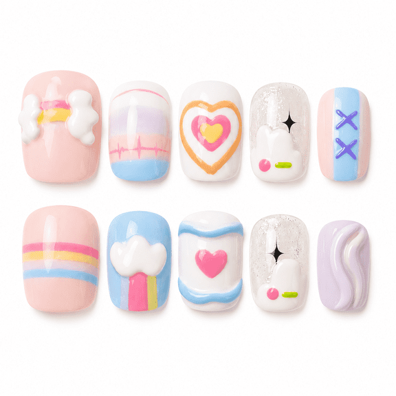 Pastel Rainbow Cloud Press on Nails, Short Squoval Glossy False Nails with Raised Detail, 10 Count