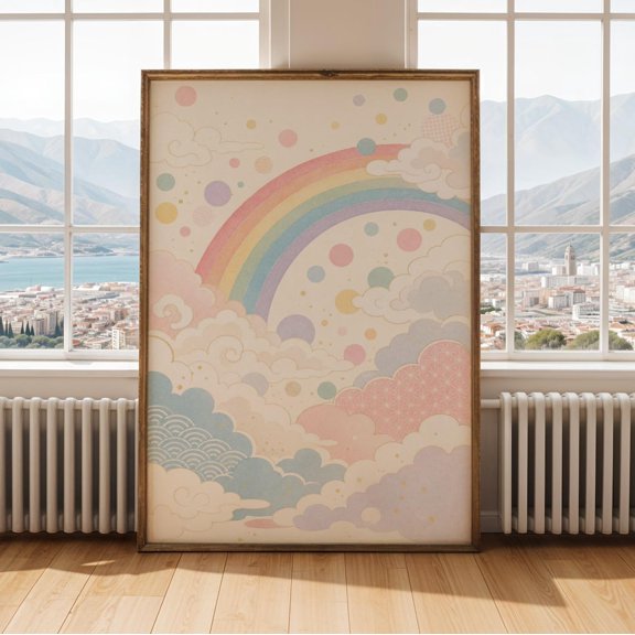 Pastel Rainbow Cloud Wall Art Print, Japanese Inspired Nursery Decor in Soft Colors