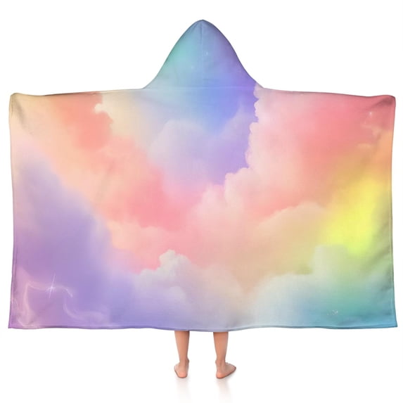 Pastel Rainbow Clouds Hooded Bath Towel,50"x30" for Ages 3 To 12 Kids, Quick Dry Lightweight Soft Microfiber Hood Beach Towel Cover Up for Kids