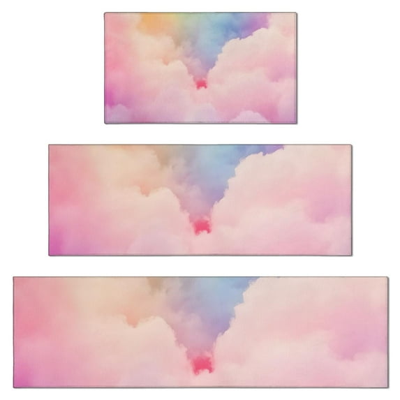Pastel Rainbow Clouds Kitchen Rugs Sets Of 3,Kitchen Runner Rugs Non Skid Washable,Decorative Kitchen Floor Mats for Kitchen,Sink,Laundry,17"x30"+ 17"x47" + 17"x59"
