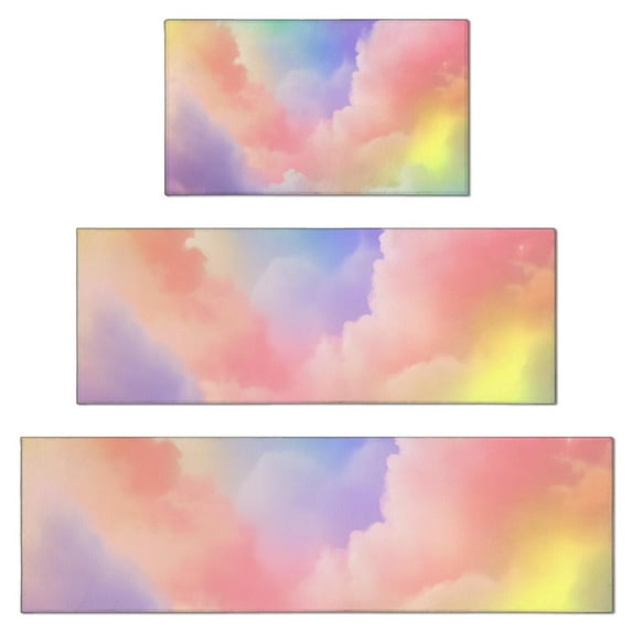 Pastel Rainbow Clouds Kitchen Rugs Sets Of 3,Kitchen Runner Rugs Non Skid Washable,Decorative Kitchen Floor Mats for Kitchen,Sink,Laundry,17"x30"+ 17"x47" + 17"x59"