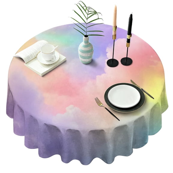 Pastel Rainbow Clouds Round Tablecloth 60"x60",Wrinkle Wipeable Table Cloth for Kitchen Dining Room Picnic Patio Party