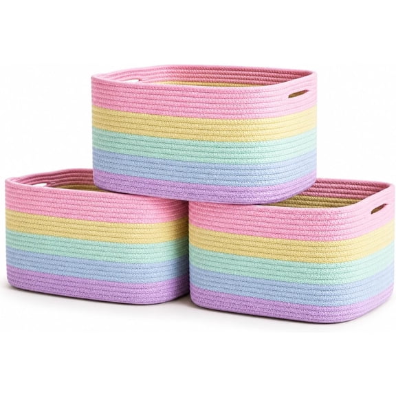Pastel Rainbow Cotton Rope Baskets for Shelves, Set of 3 - 15"10"9" - Colorful Storage Baskets for Kids - Nursery, Playroom, Classroom - Toy Storage, Books, Towels
