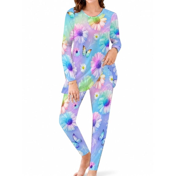 Pastel Rainbow Daisy Pajamas for Women Milk Silk Ultra Soft Sleepwear Long Sleeve Top and Pants Loungewear Set