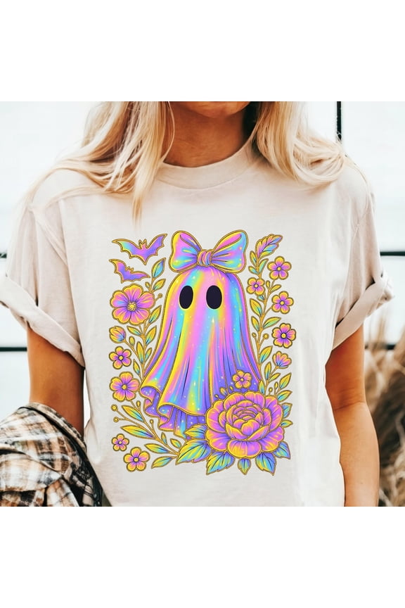 Pastel Rainbow Ghost Shirt, Halloween Tee, Cute Spooky Floral Ghost Shirt, Vaporwave Aesthetic T-Shirt, Iridescent Goth Shirt