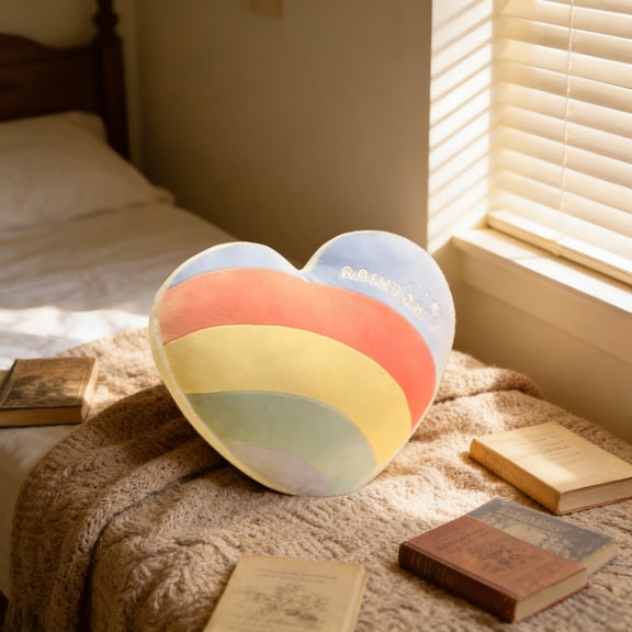 Pastel Rainbow Heart Shaped Throw Pillow, 13.77 Inch Soft Plush Decorative Cushion, Comfort Sofa Couch Bed Waist Support Pillow for Home Bedroom Living Room Decor