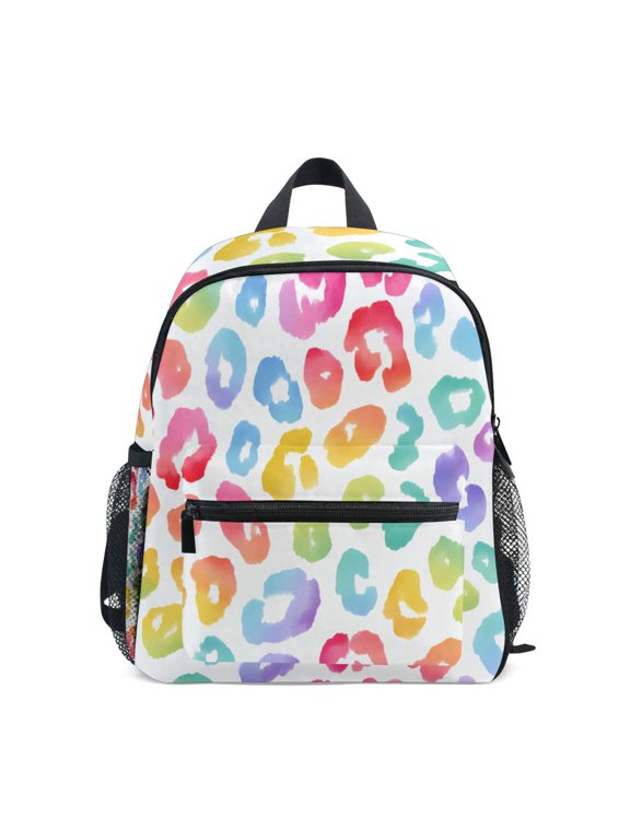 Pastel Rainbow Leopard Pattern Mini Backpack Cute Small Backpack with Chest Strap and Whistle Ages 3-8