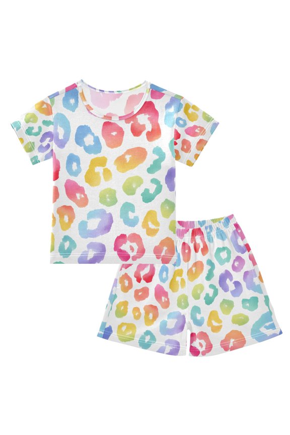Pastel Rainbow Leopard Pattern Summer Pajama Set Soft Cotton Short Sleeve Sleepwear 2PCS Pajama Sets Breathable Lounge Set Size 8Y