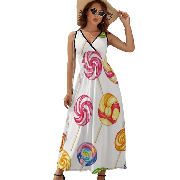Pastel Rainbow Lollipop Dress Summer Street Style Bohemia Long Dresses Female Sleeveless Printed Maxi Dress