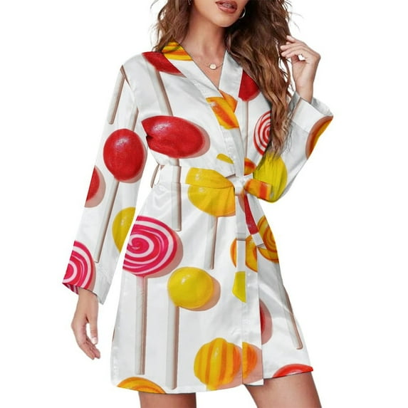 Pastel Rainbow Lollipop Night Robe Long Sleeve V Neck Robe With Belt Women's Sleepwear Dresses