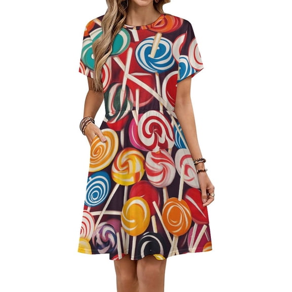 Pastel Rainbow Lollipop Short Sleeve Dress Women Summer Evening Dresses Ladies Sundress