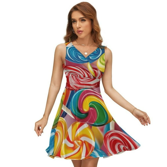 Pastel Rainbow Lollipop Sleeveless Dress Women Summer Evening Dresses Ladies Sundress