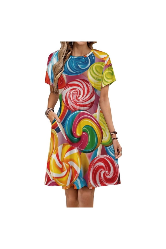 Pastel Rainbow Lollipop Sundress Short Sleeve Dress Summer Women Clothes Dress for Women Dresses