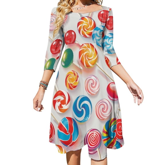 Pastel Rainbow Lollipop Women's 3/4 Sleeve Dresses Elegant A-Line Midi Dress Flare Summer Casual Sundress