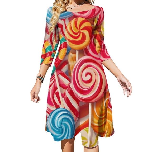 Pastel Rainbow Lollipop Women's 3/4 Sleeve Dresses Elegant A-Line Midi Dress Flare Summer Casual Sundress