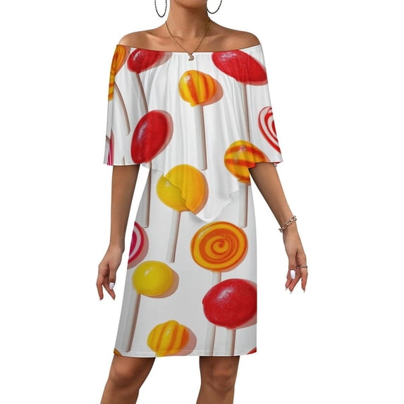 Pastel Rainbow Lollipop Women's Off The Shoulder Ruffles Summer Wedding Guest Loose Casual Party Beach Dress