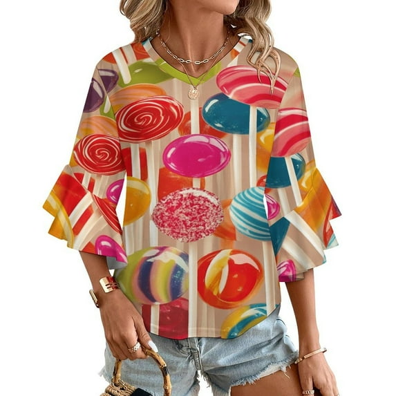 Pastel Rainbow Lollipop Women's V-Neck Blouse With 3/4 Ruffled Bell Sleeves Casual Top Ladies Blouses
