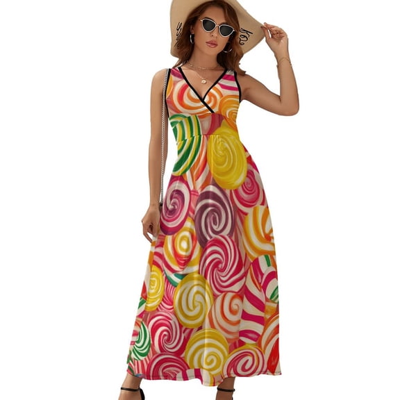 Pastel Rainbow Lollipop Womens Night Club Maxi Dress V Neck Sleeveless Bohemia Long Dresses