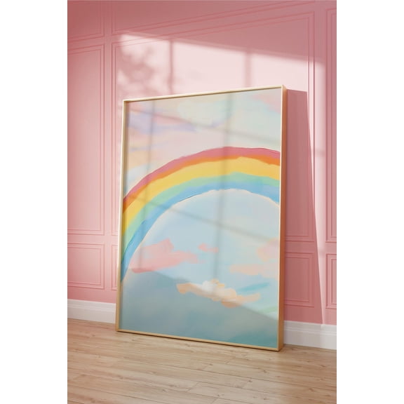 Pastel Rainbow Nursery Print, Blue Sky Wall Art Home Decor #2452, Stretched Canvas Size 16x24