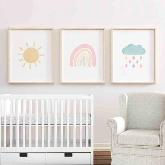 Pastel Rainbow Nursery Prints Sun Cloud Rainbow Set 3 Unframed Paper Print 16x24