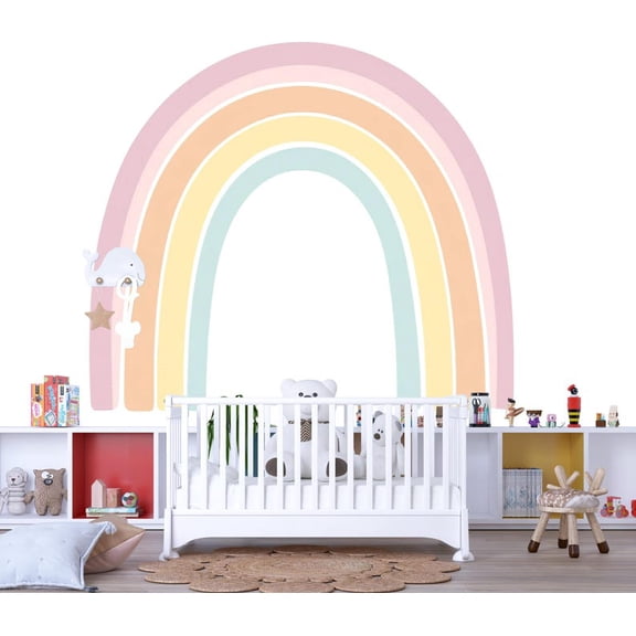 Pastel Rainbow Nursery Wall Decal Large Boho Baby Room Mural Gender Neutral Kids Decor Vinyl Wall Art