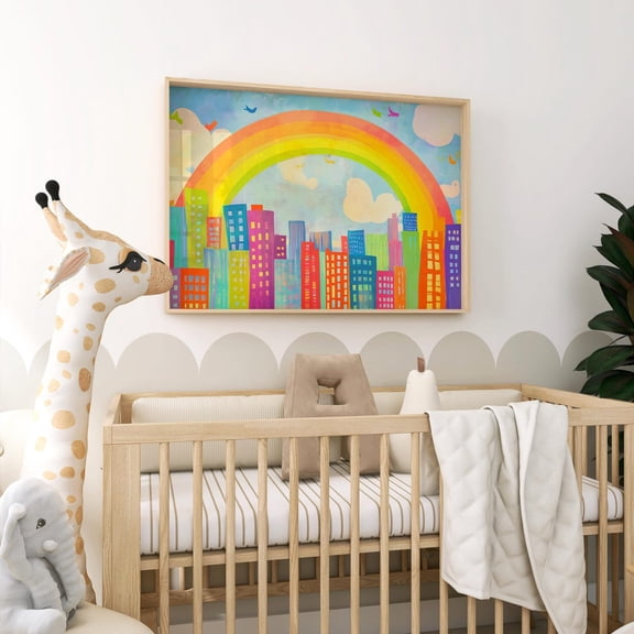 Pastel Rainbow Over City Nursery Print Playroom Urban Bright Room Decor Colorful Gender Neutral Unframed Paper Print