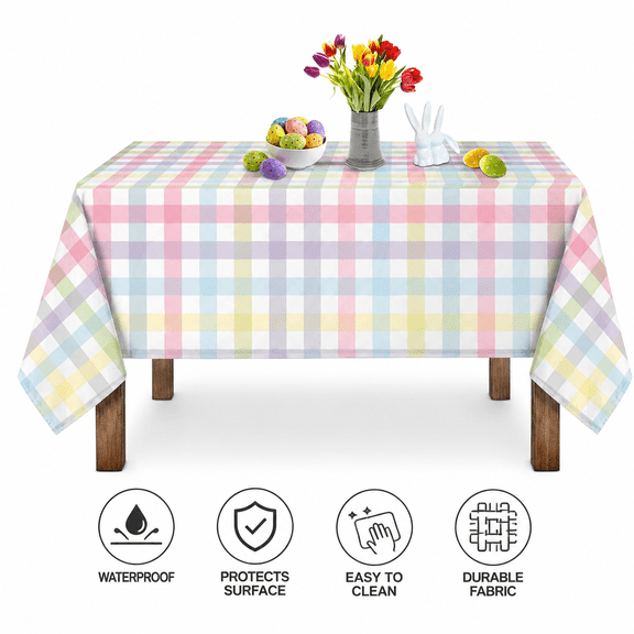Pastel Rainbow Plaid Waterproof Tablecloth, 55 x 79" Rectangular Checkered Table Cover for Dining