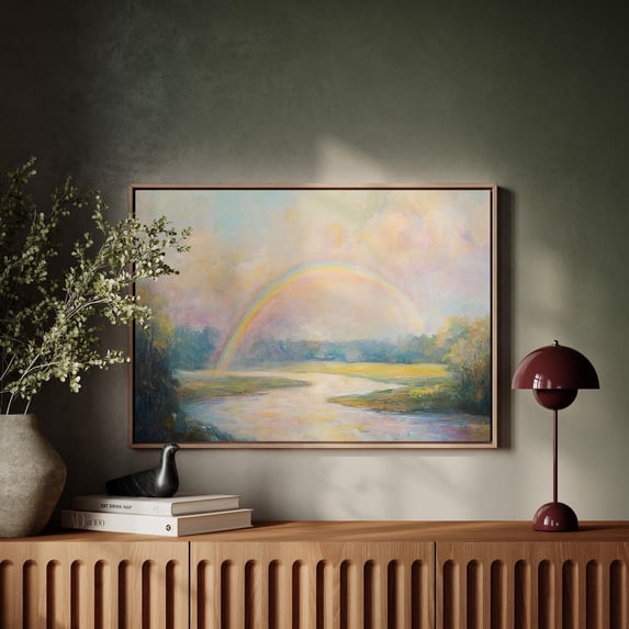 Pastel Rainbow Over Serene River Wall Art - Calming Landscape Hangable Art For Nature-Inspired Home Or Office Decor Wall Art, Modern Wall Decor, 16x24 UNFRAMED