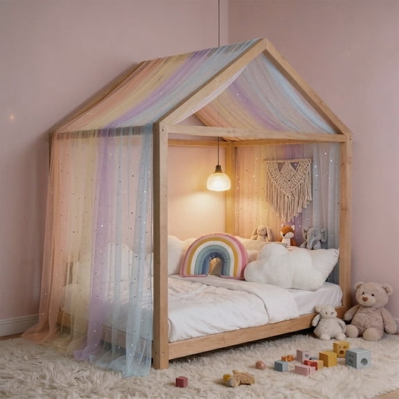 Pastel Rainbow Sheer Tulle Bed Canopy, Soft Washable Voile Bed Drape Curtain for Kids House Bed, Princess Nursery Bedroom Playroom Decor