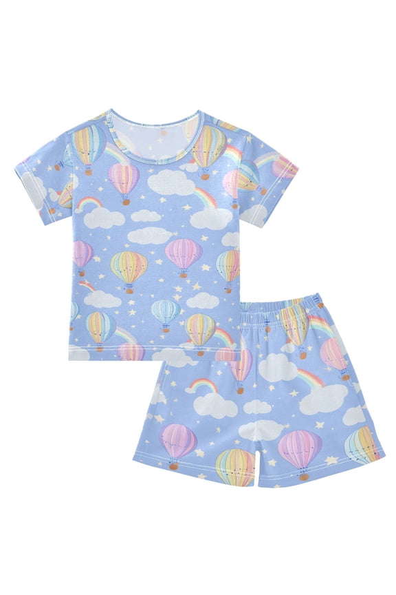 Pastel Rainbow Sky Summer Pajama Set Soft Cotton Short Sleeve Sleepwear 2PCS Pajama Sets Breathable Lounge Set Size 6Y