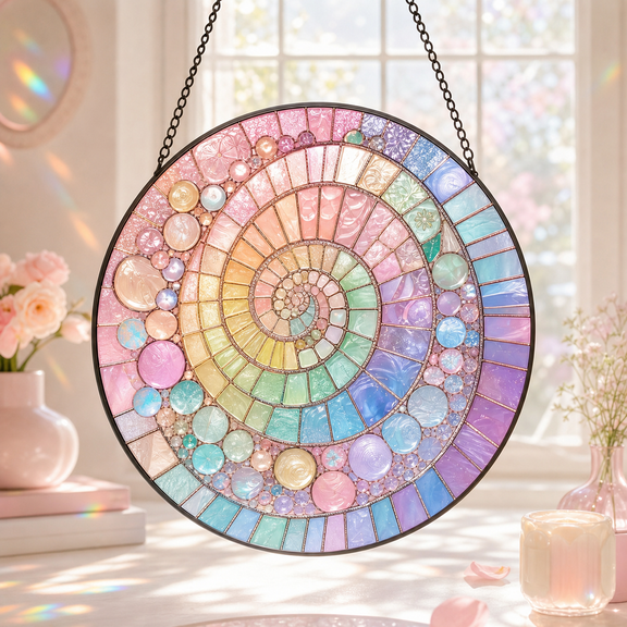 Pastel Rainbow Stained Glass Suncatcher for Window Hanging, Soft Colorful Decor