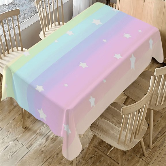 Pastel Rainbow Stripe with White Stars Tablecloth 55x77.1 inches Rectangular Polyester Cover for Dining Room Party Outdoor Use