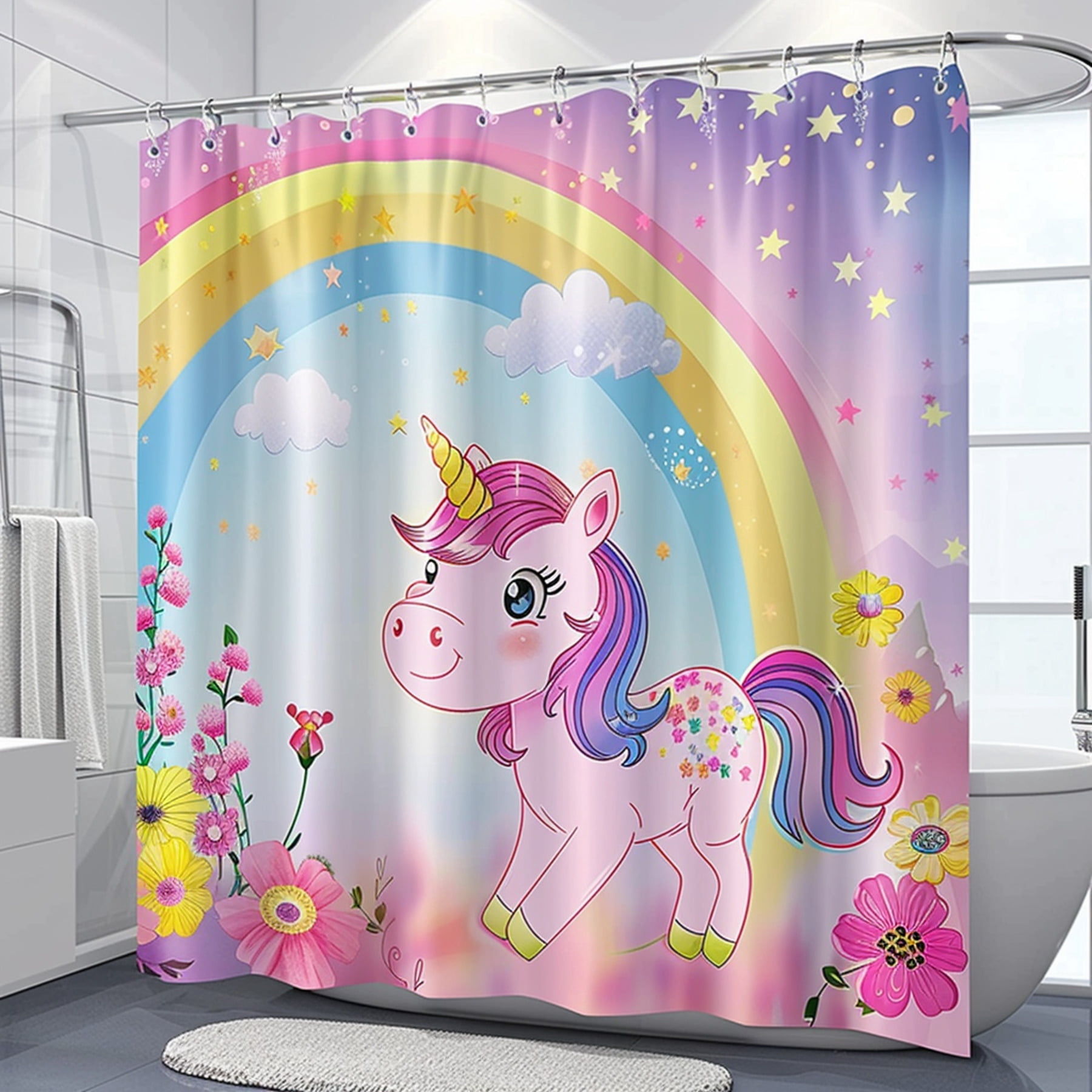 Pastel Rainbow Unicorn Cartoon Shower Curtain for Kids Bathroom Decor