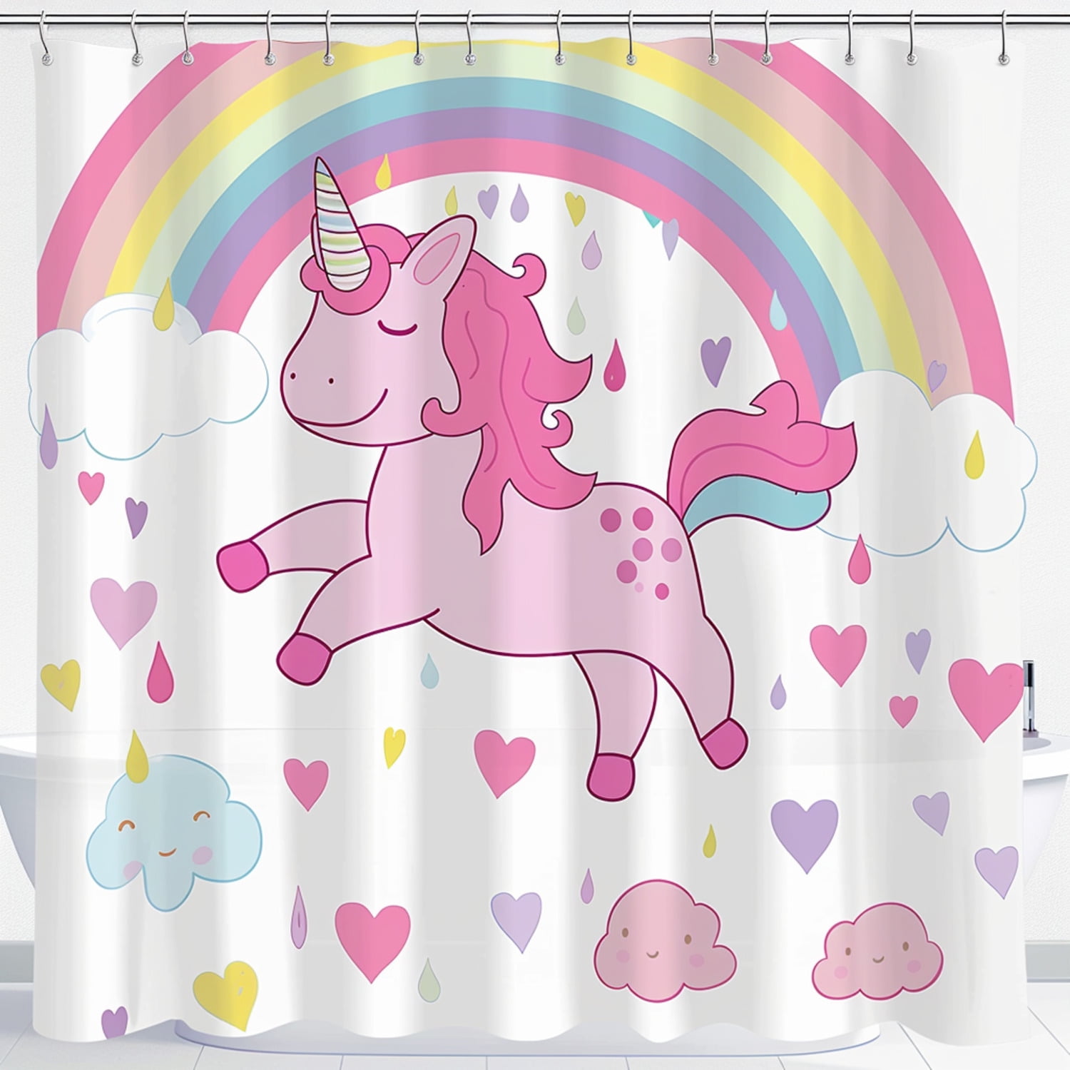 Pastel Rainbow Unicorn Shower Curtain for Kids Room Decor Cartoon Style