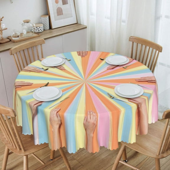 Pastel Rainbow Unity Hands Burst Round Tablecloth Waterproof Oil Proof Spill Proof Table Cloth 70" for Camping, Dining, Indoor and Outdoor Table Cover