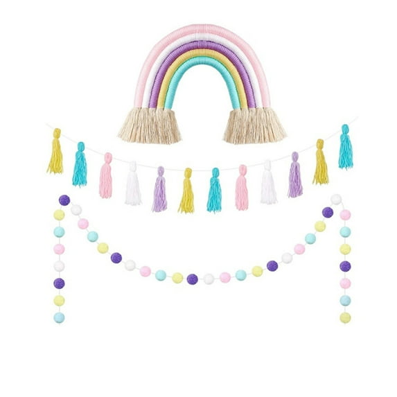 Pastel Rainbow Wall Decor Set Tassel Garland Pom Pom Ball String Banner Yarn Rainbow Wall Hanging for Girls Bedroom Party Classroom Decorations Toddler Nursery Playroom Kids Room Decor, 3 Pack
