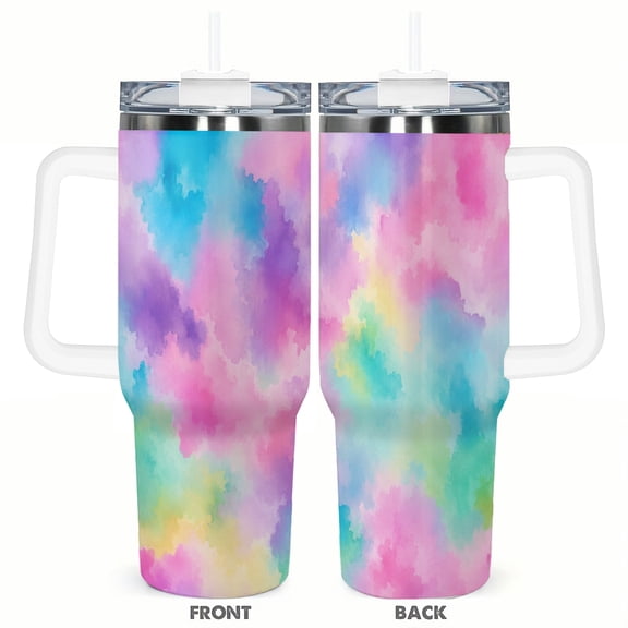 Pastel Rainbow Watercolor 40oz Tumbler with Handle Stainless Steel Insulated Travel Coffee Cup Colorful Abstract Car Cup Gift for Women