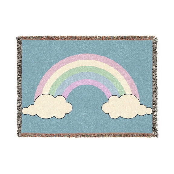 Pastel Rainbow and Cream Clouds on Dusty Blue Woven Throw Blanket, 100% Cotton, Soft-Toned Whimsical Style