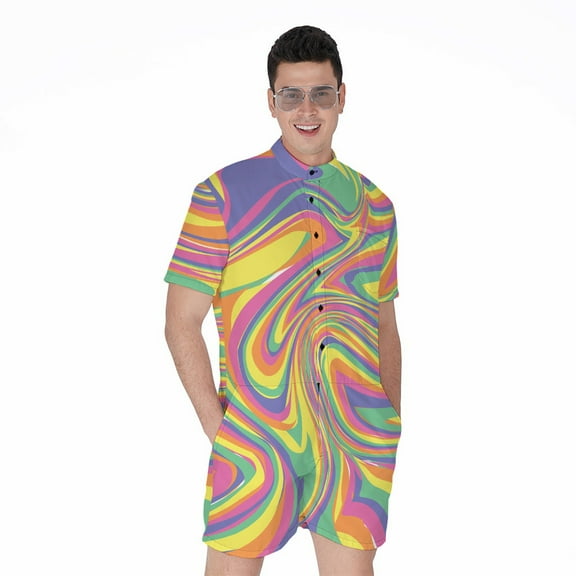 Pastel Rave Short Sleeve Men'S Rompers Casual Summer Jumpsuits Outfit
