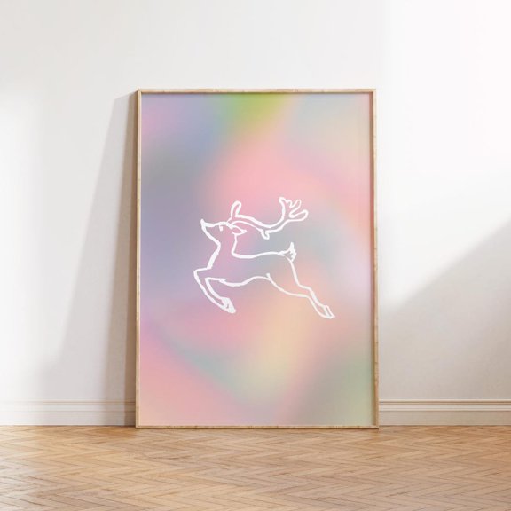 Pastel Reindeer Noel Print: Rainbow Psychedelic Festive Decor UNFRAMED PAPER POSTER, Home Decor, Vintage Gift, Living Room Dercor