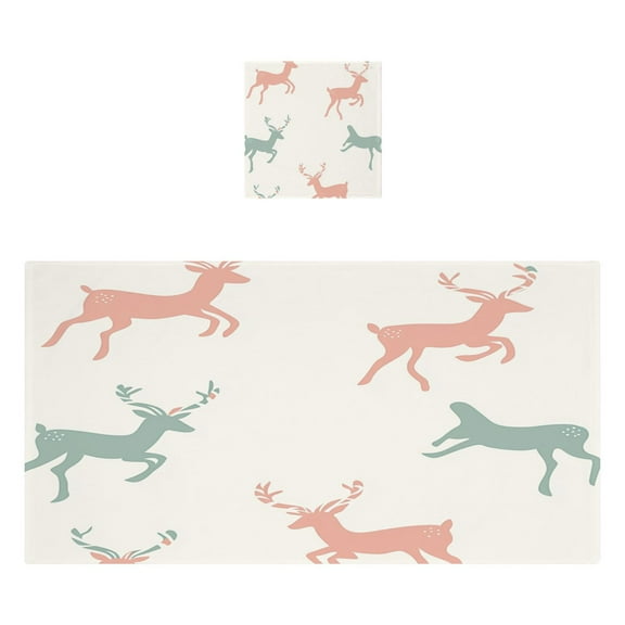 Pastel Reindeer Pattern 2 Piece Cotton Bath and Face Towel Set Soft and Absorbent, for Beach Pool Bathroom