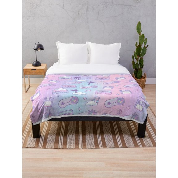 Pastel Retro Video Game Controllers and Handheld Consoles Pink Blue Polyester Fleece Blanket, 280 GSM, Gaming Theme