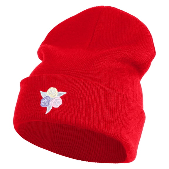 Pastel Rose Bud Cluster Iron on Patched 12 Inch Long Knitted Beanie - Red OSFM