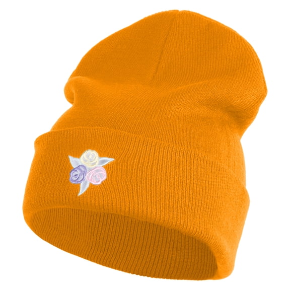 Pastel Rose Bud Cluster Iron on Patched 12 Inch Long Knitted Beanie - Yellow OSFM